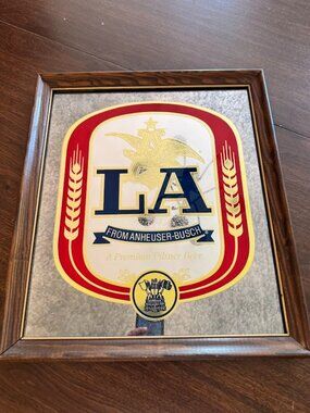 Vintage 1980's Anheuser-Busch "LA" Beer Advertising Mirror with Wood Frame